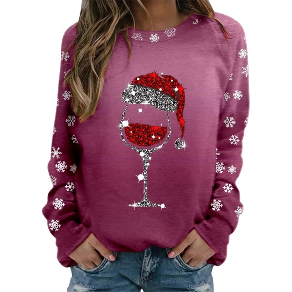  Rhinestone Christmas Sweatshirts for Women Long Sleeve Crewneck Party Shirts Red Wine Glass Print Cute Xmas Tops